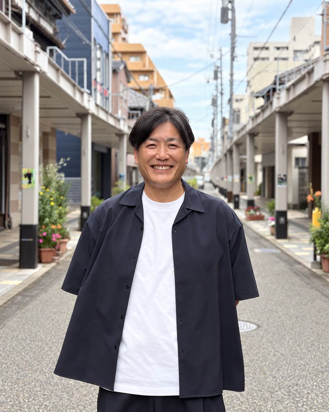 上古町商店街にて、代表 竹内宣弘
